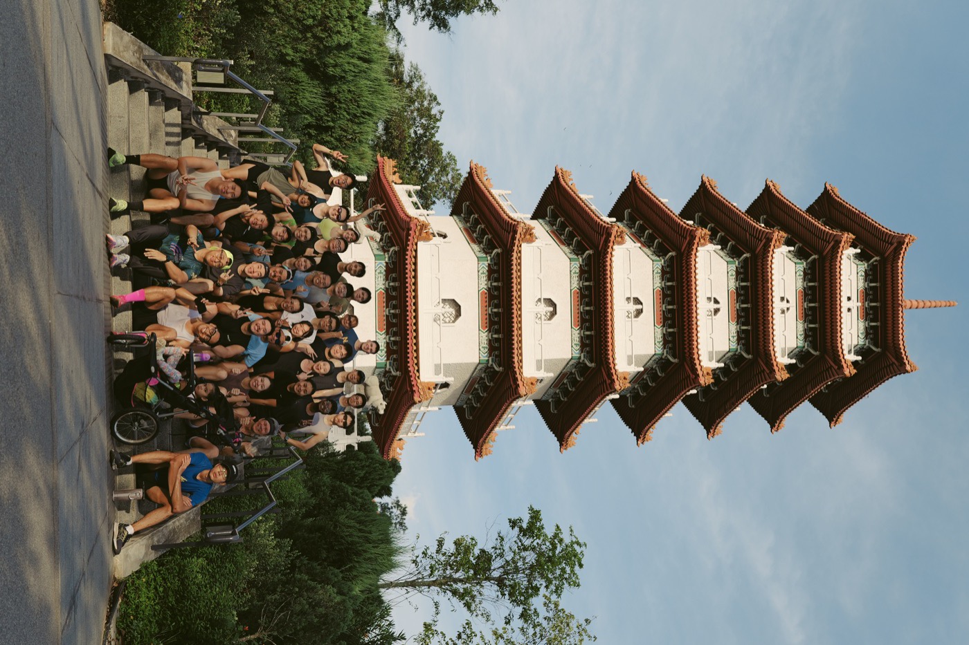 The group stopped at the pagoda, partway through a Saturday run